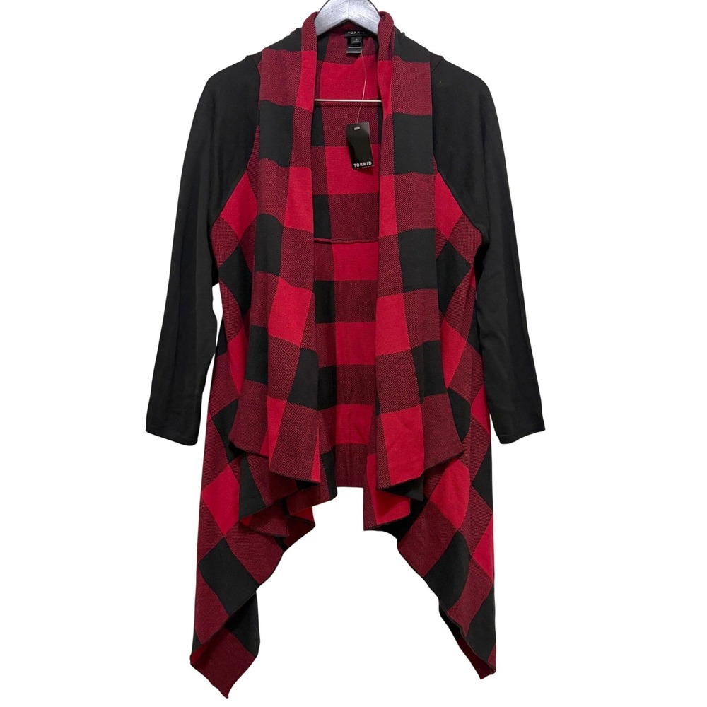 NEW Torrid Open Front Waterfall Cardigan 3X Buffalo Plaid Red Black Fall Winter